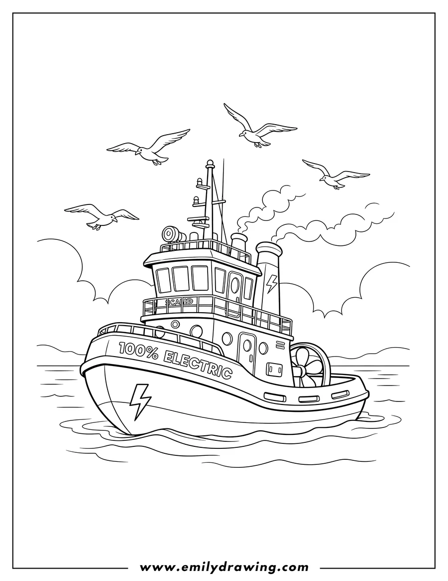 Vector style outline of detailed Tugboat Scaled, 100% Electric, on water with flying seagulls