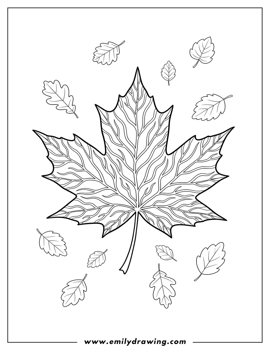 Coloring page of detailed Fall Leaves, a big maple-shaped leaf with detailed veins and scattered smaller leaves