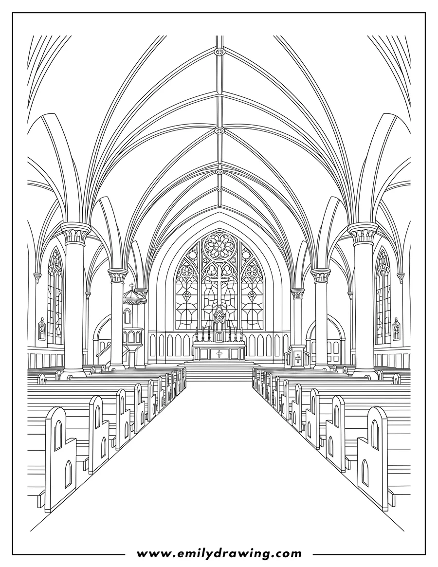 Coloring page for kids: detailed interior Catholic church with pews, altar, and vaulted ceilings