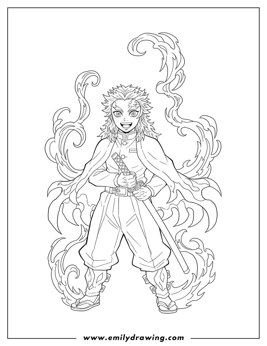 Downloadable coloring page of detailed Kyojuro Rengoku smiling, hand on sword, with fire effects
