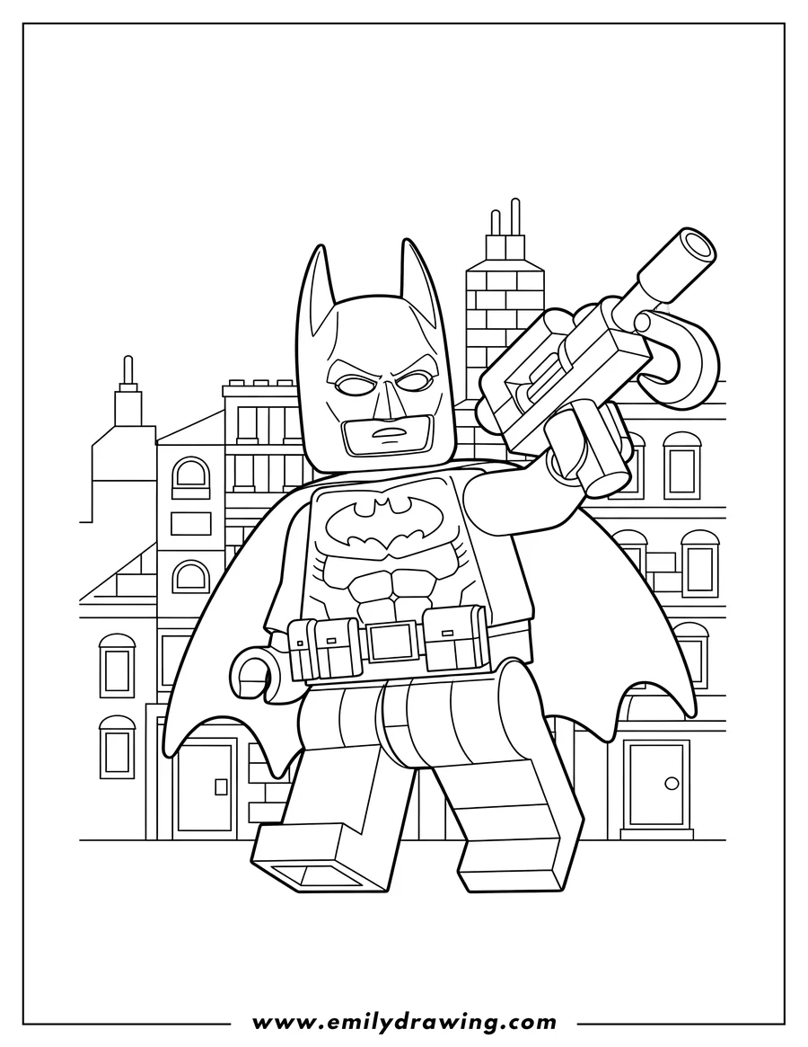 Coloring sheet featuring detailed Lego Batman holding a grappling gun in a city, to color