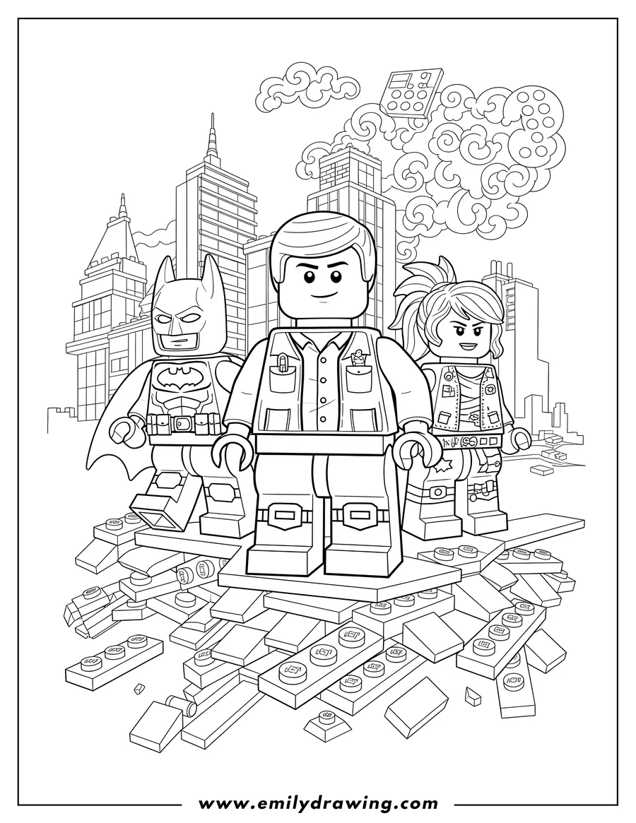 Vector style outline of detailed Lego Movie Poster To Color, featuring Emmet, Batman, and Wyldstyle standing together