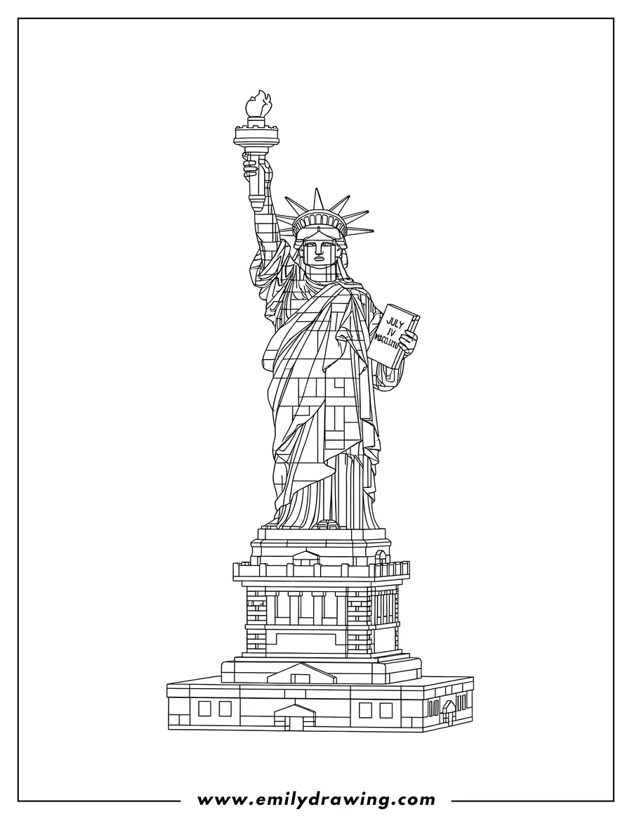 Black and white line art of detailed Lego Statue Liberty holding a torch and tablet, standing on a detailed base