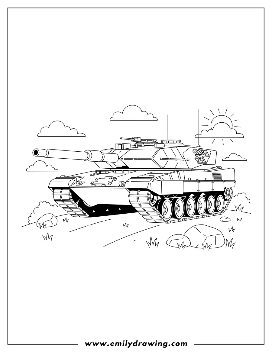 Vector style outline of detailed Leopard 2A7A1 German tank on a hill