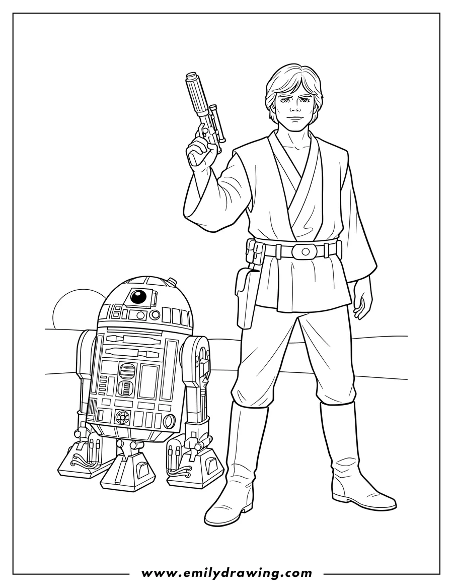 Black and white line art of detailed Luke Skywalker standing with a blaster, with R2 D2