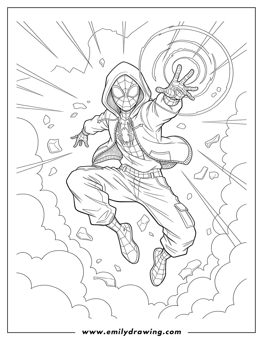 Free printable coloring sheet of detailed Miles Morales Air, wearing a hoodie, with a raised hand gesture and active spider-sense