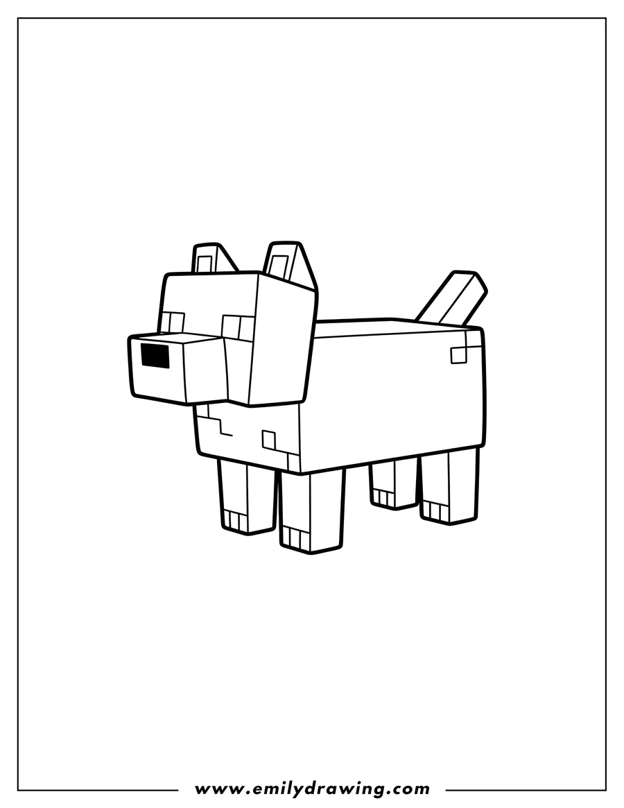 Coloring page of detailed Minecraft Dog Scaled, standing in a side view