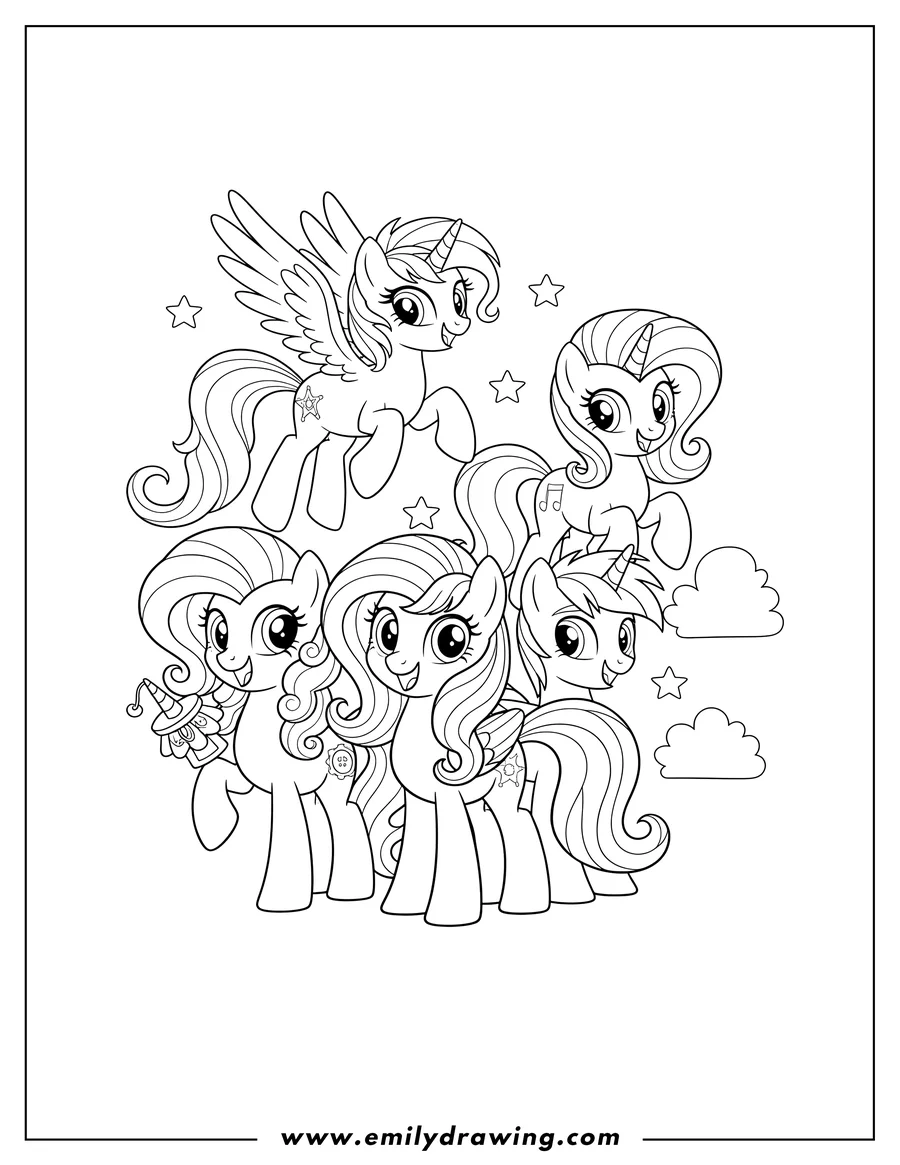 Black and white line art of detailed My Little Pony New Generation, five happy ponies together