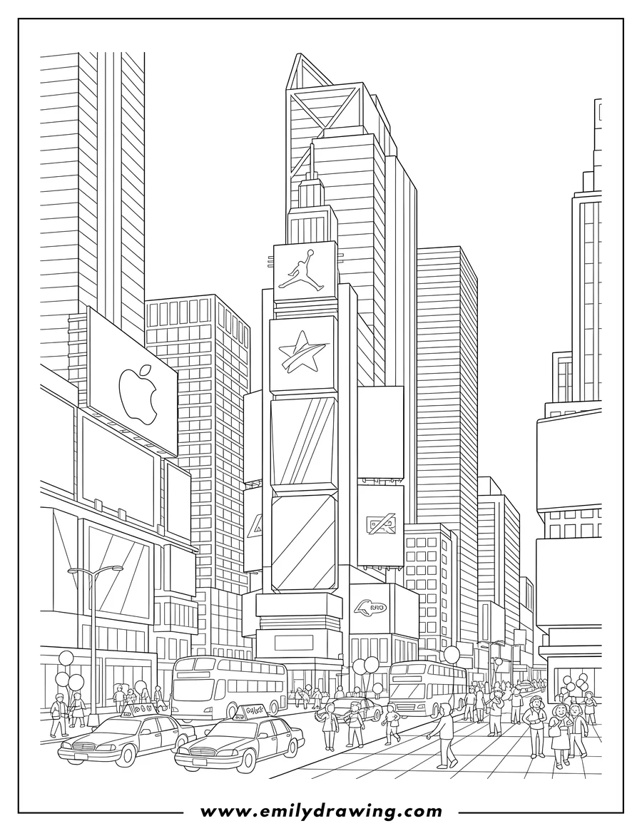 Simple sketch of detailed New York Times Square with towering skyscrapers and giant brand billboards to color