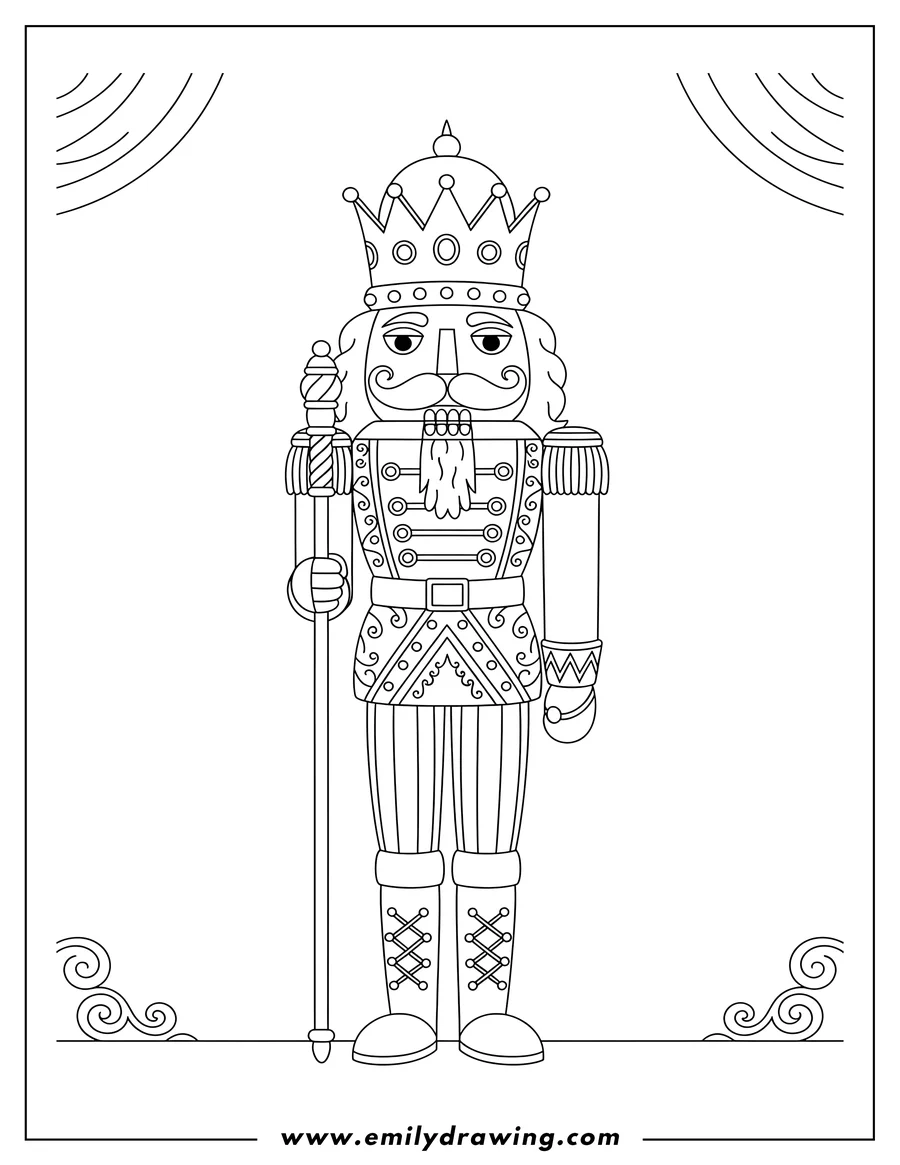 Doodle style coloring picture of detailed Nutcracker Wearing Crown, holding a staff, and with a mustache