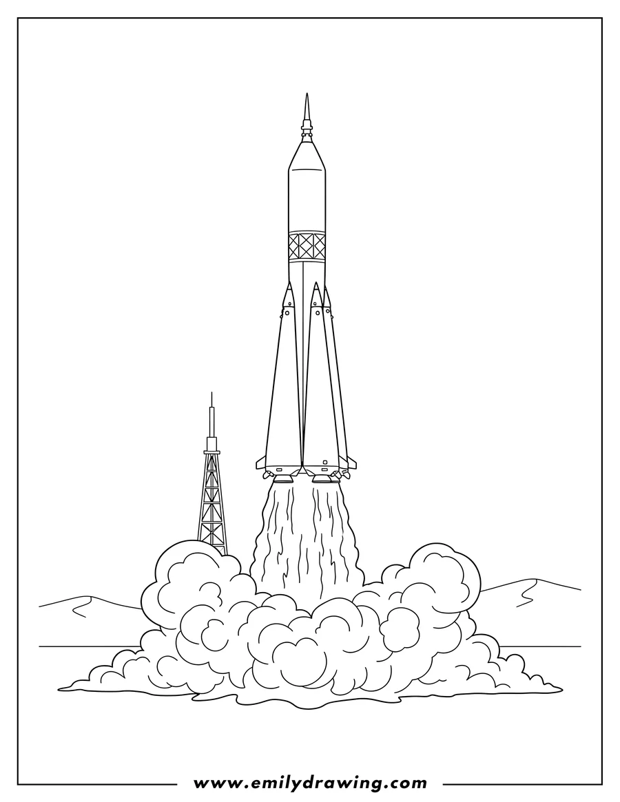 Coloring page of detailed Outline Soyuz Rocket launching with smoke