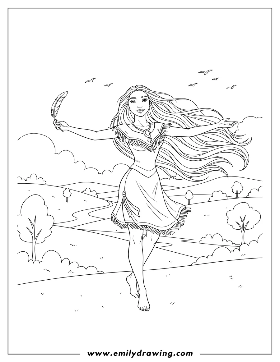 Doodle style coloring picture of detailed Pocahontas standing barefoot with long flowing hair