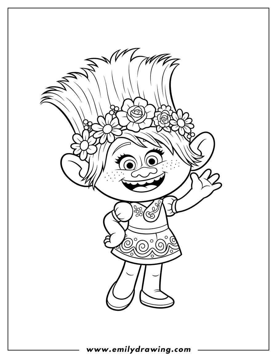 Coloring sheet featuring detailed Princess Poppy smiling and waving, wearing a flower crown