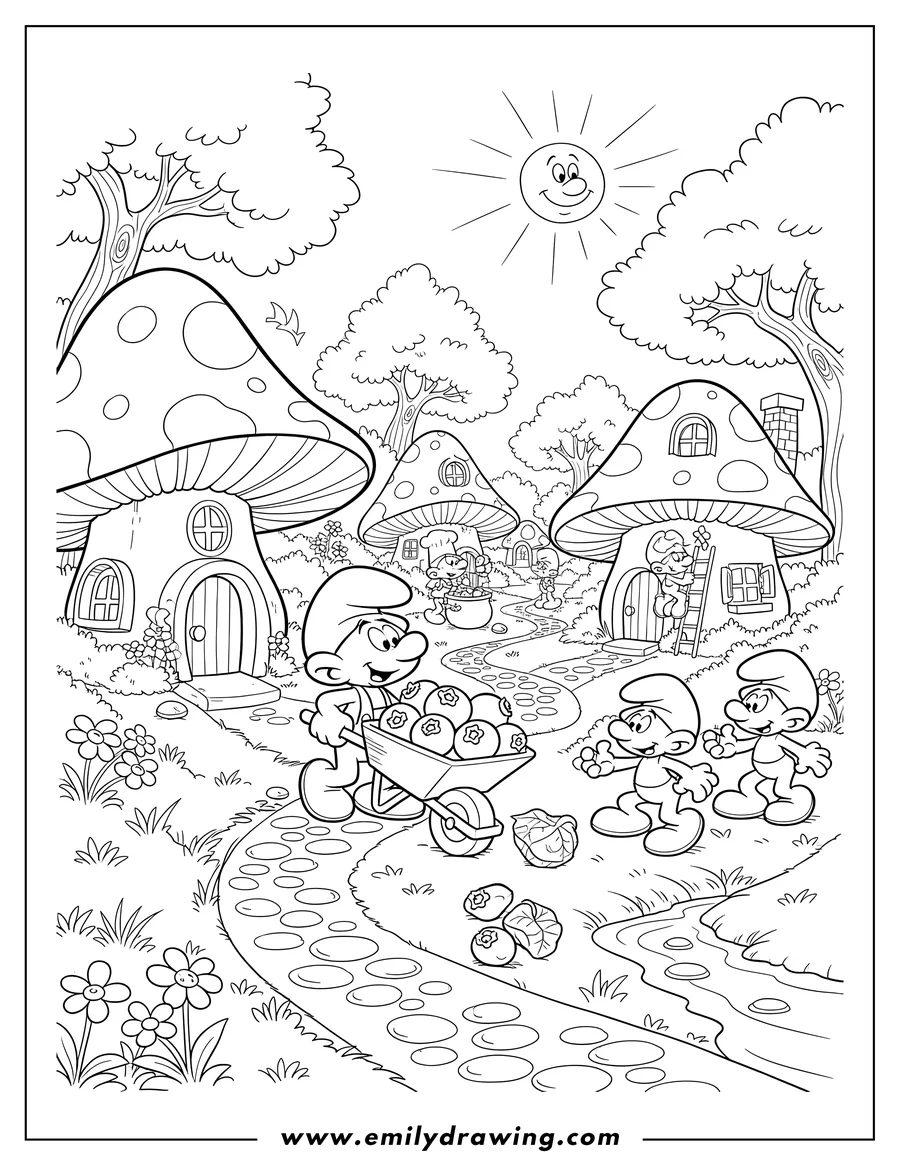 Full page coloring image of detailed Smurf Village with Smurfs working and playing