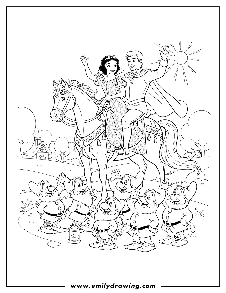 Linear illustration of detailed Snow White riding a horse with the Prince, waving goodbye to the Seven Dwarfs