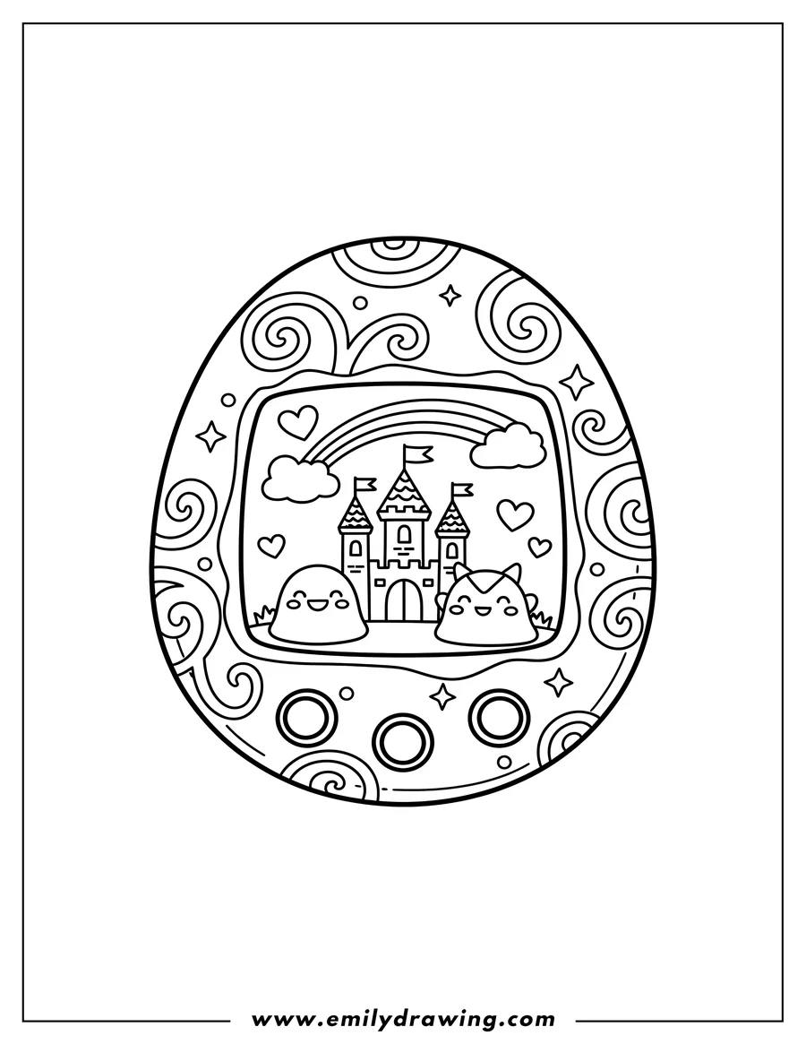 Free to print drawing of A detailed Tamagotchi device with two cute characters and a castle on its screen, adorned with hearts, rainbows, and buttons