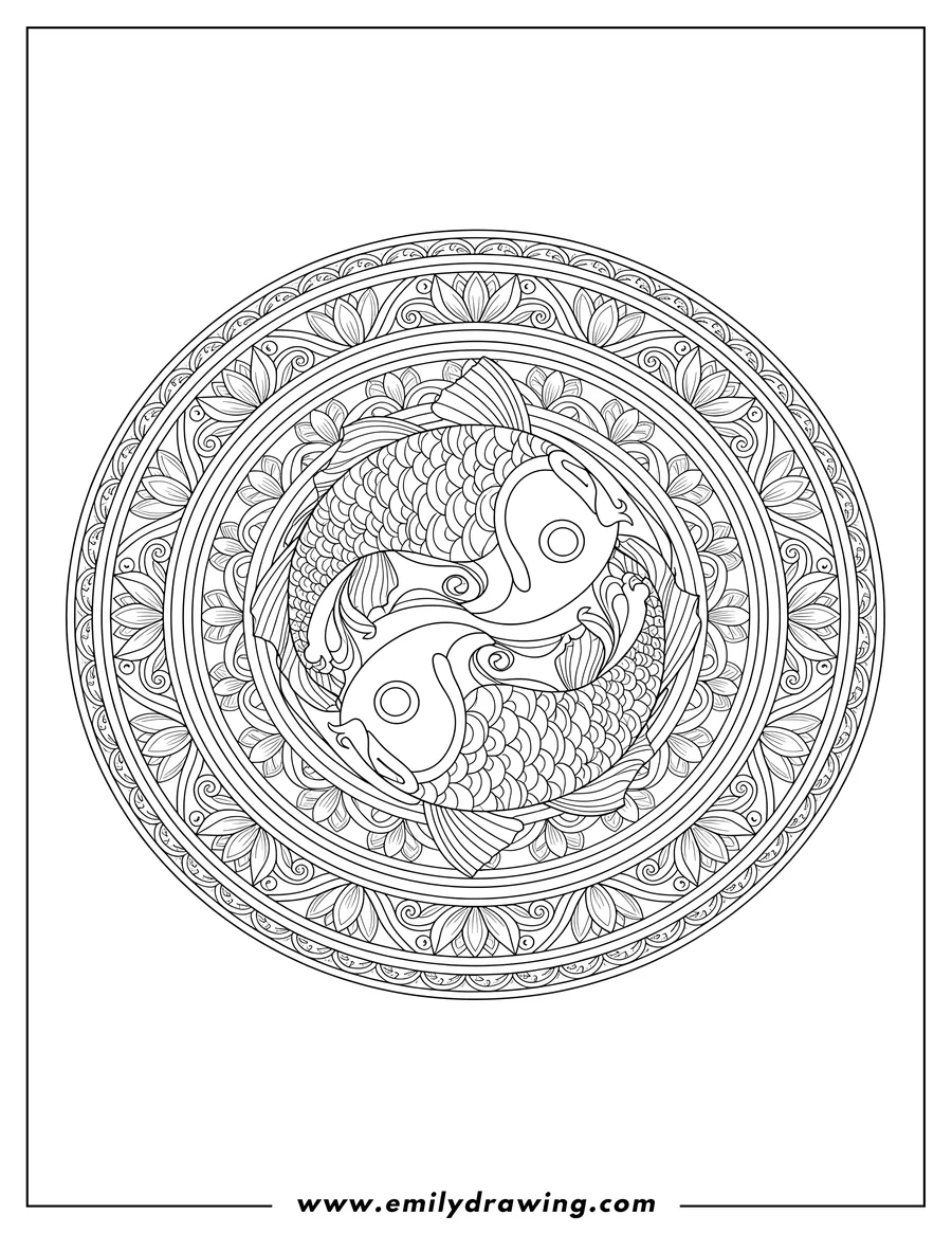 Vector style outline of detailed Yin And Yang Koi Fish swimming in a circle within a decorative mandala frame