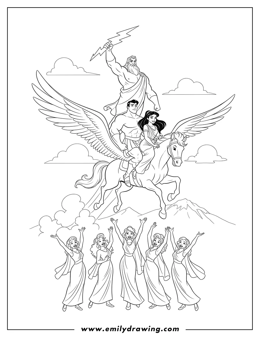 Full page coloring image of disney Hercules Poster with Zeus holding a lightning bolt, Hercules and Meg riding flying Pegasus, and cheering Muses