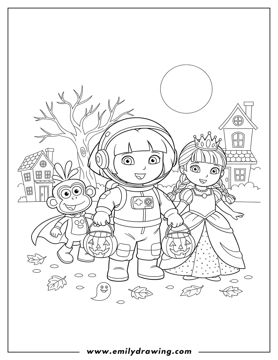 Downloadable coloring page of dora Explorer, Boots, and a friend trick-or-treating for Halloween