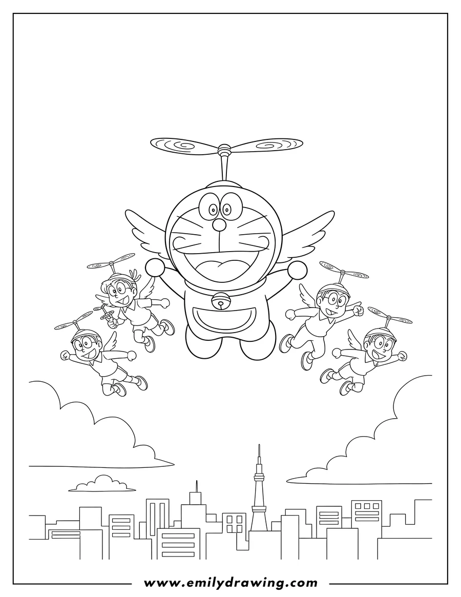 PDF style coloring page: doraemon Poster, Doraemon and friends flying high over a city with propeller hats