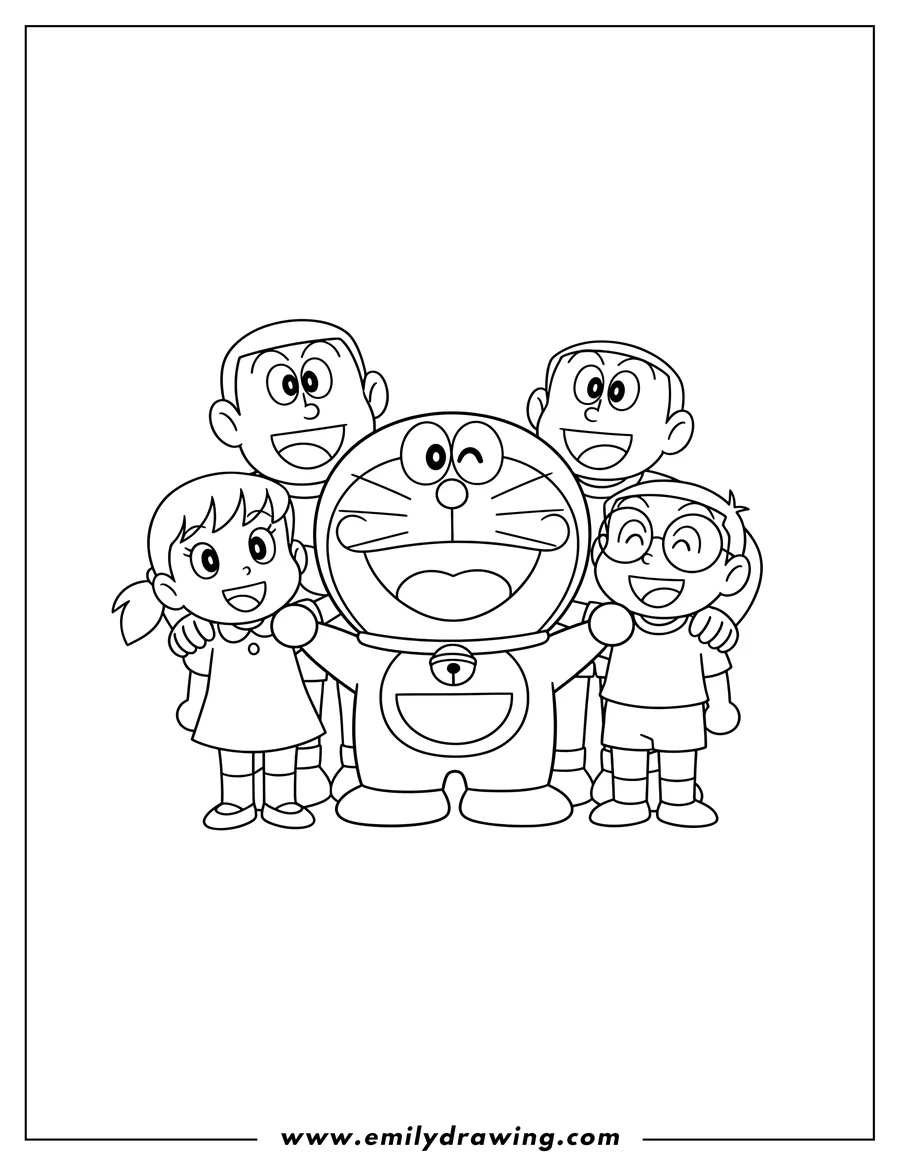 Coloring sheet featuring doraemon Nobita And Friends Preschoolers standing together, all smiling, with Doraemon laughing happily in the center
