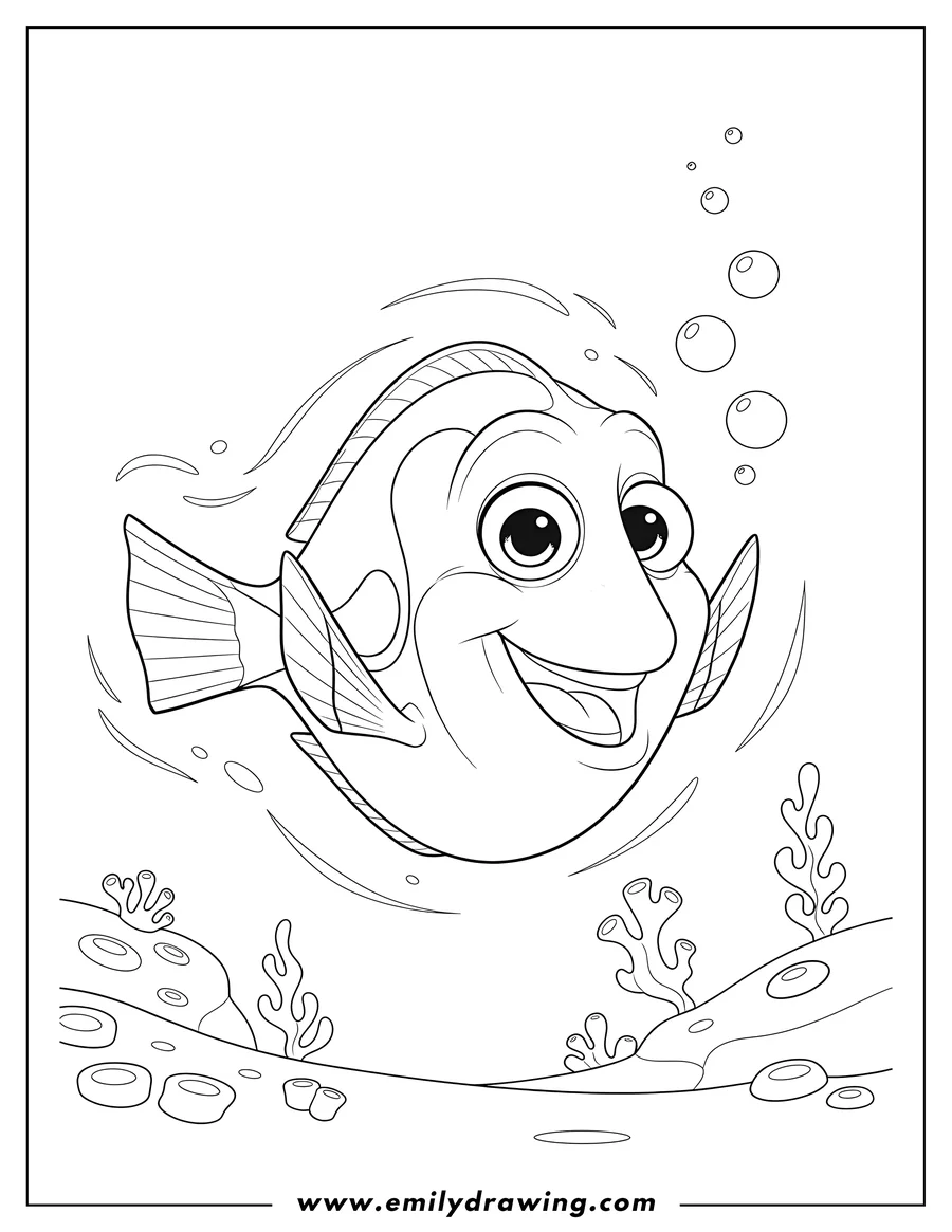 Linear illustration of dory from Finding Nemo smiling widely and swimming