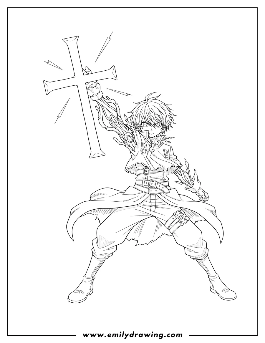 Printable line art of dr. Gray Man Hallow Anime, featuring Allen Walker raising his transformed Innocence arm creating a cross