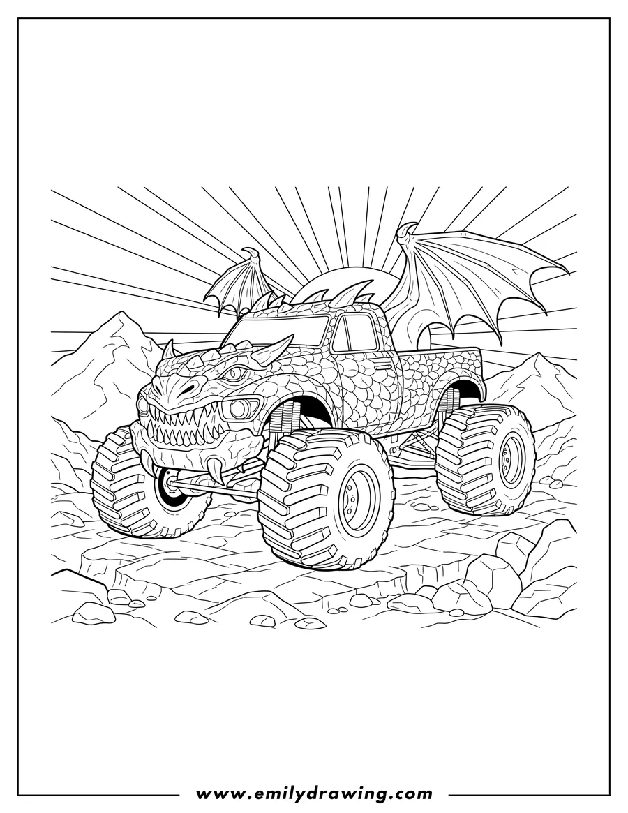 Black and white line art of dragon Slayer Monster Truck Picture Scaled, with a fierce reptilian design, on rugged ground