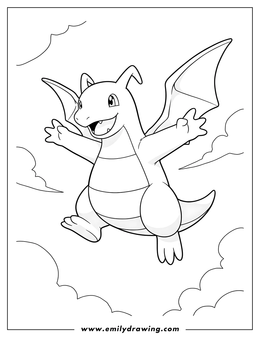Coloring page of dragonite flying with arms and legs spread