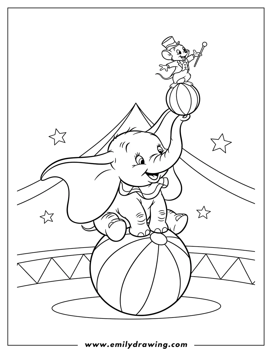 Coloring page of dumbo And Timothy Mouse Performing Circus Tricks, with Dumbo sitting on a ball and balancing Timothy Mouse on another ball on his trunk