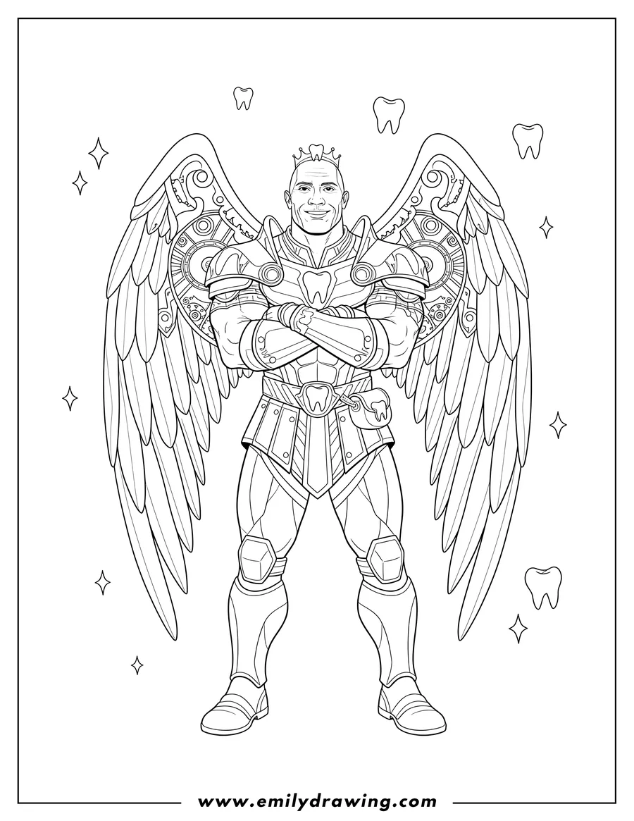 Outline drawing of dwayne Rock Johnson As Tooth Fairy, wearing armored gear, with large wings, and arms crossed