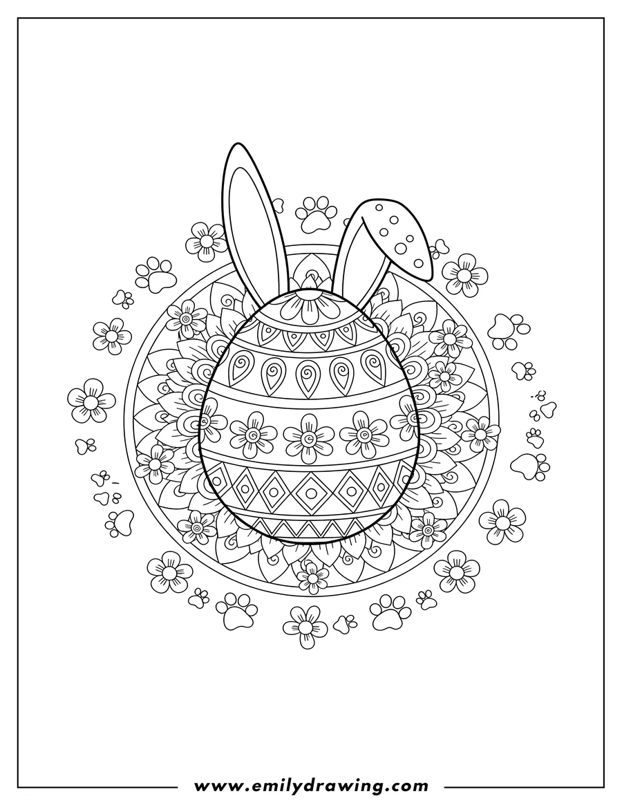 Coloring page of easter Egg With Bunny Ears, surrounded by flowers and paw prints, Mandala