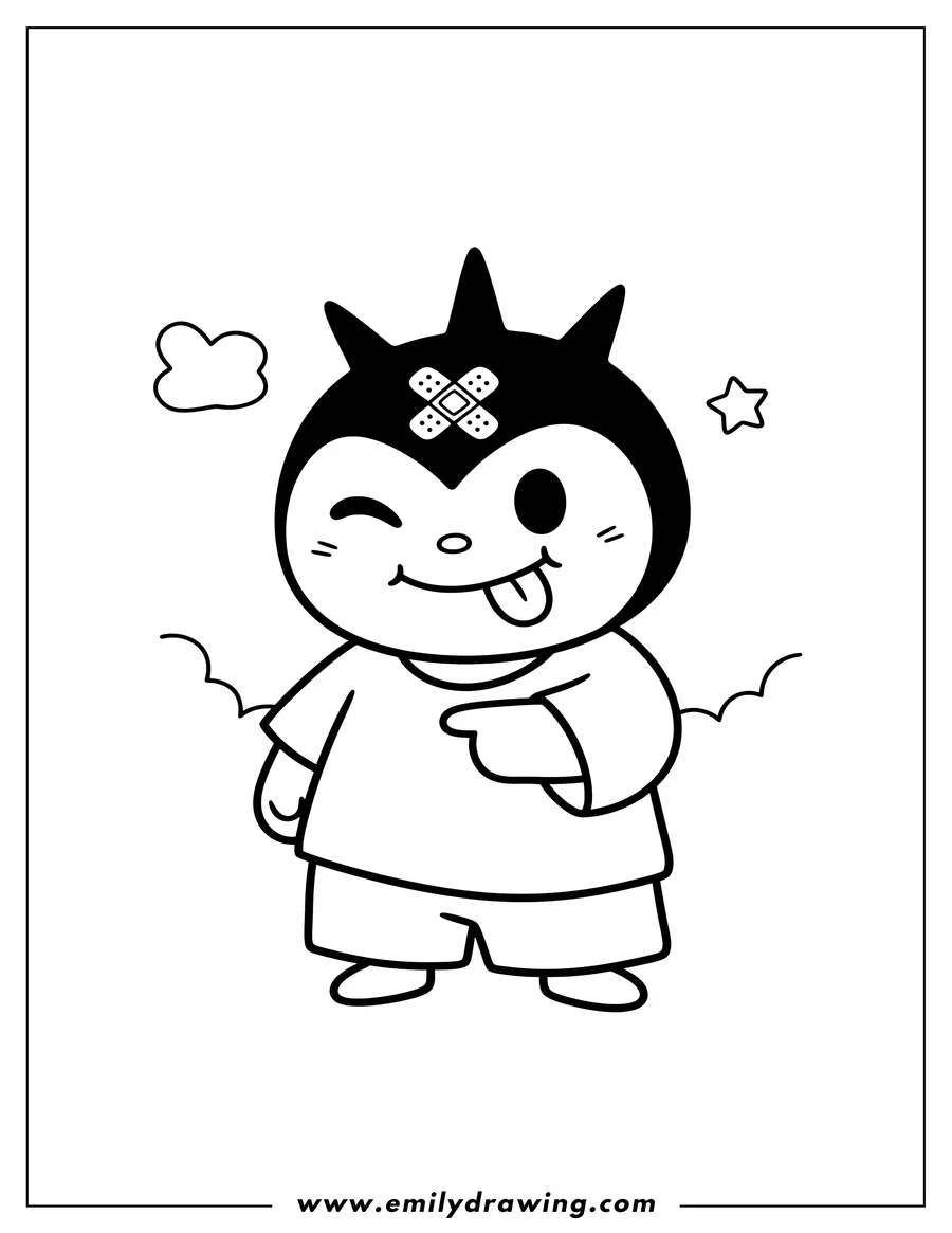 Full page coloring image of easy Badtz Maru Preschoolers with a band-aid on his forehead and his tongue sticking out
