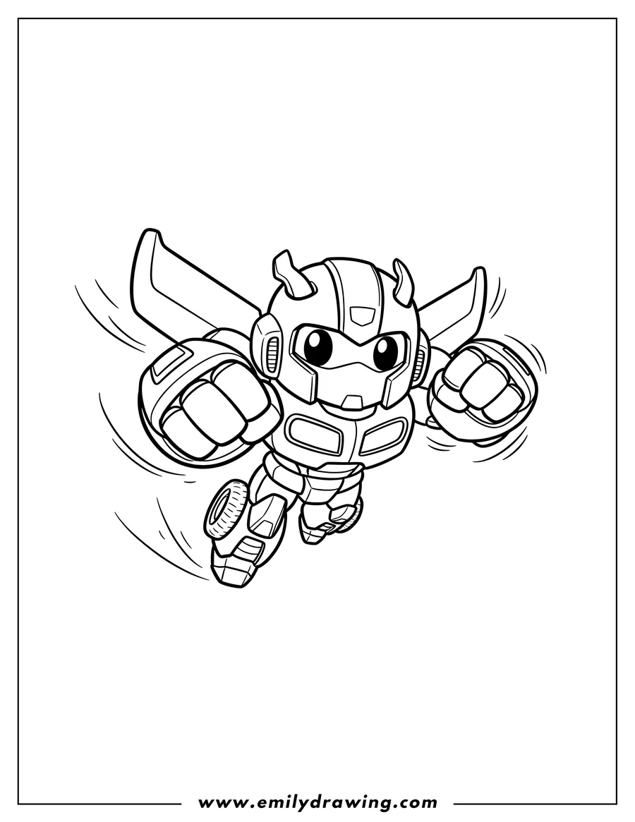 Linear illustration of easy Bumblebee Transformer Scaled, flying with clenched fists