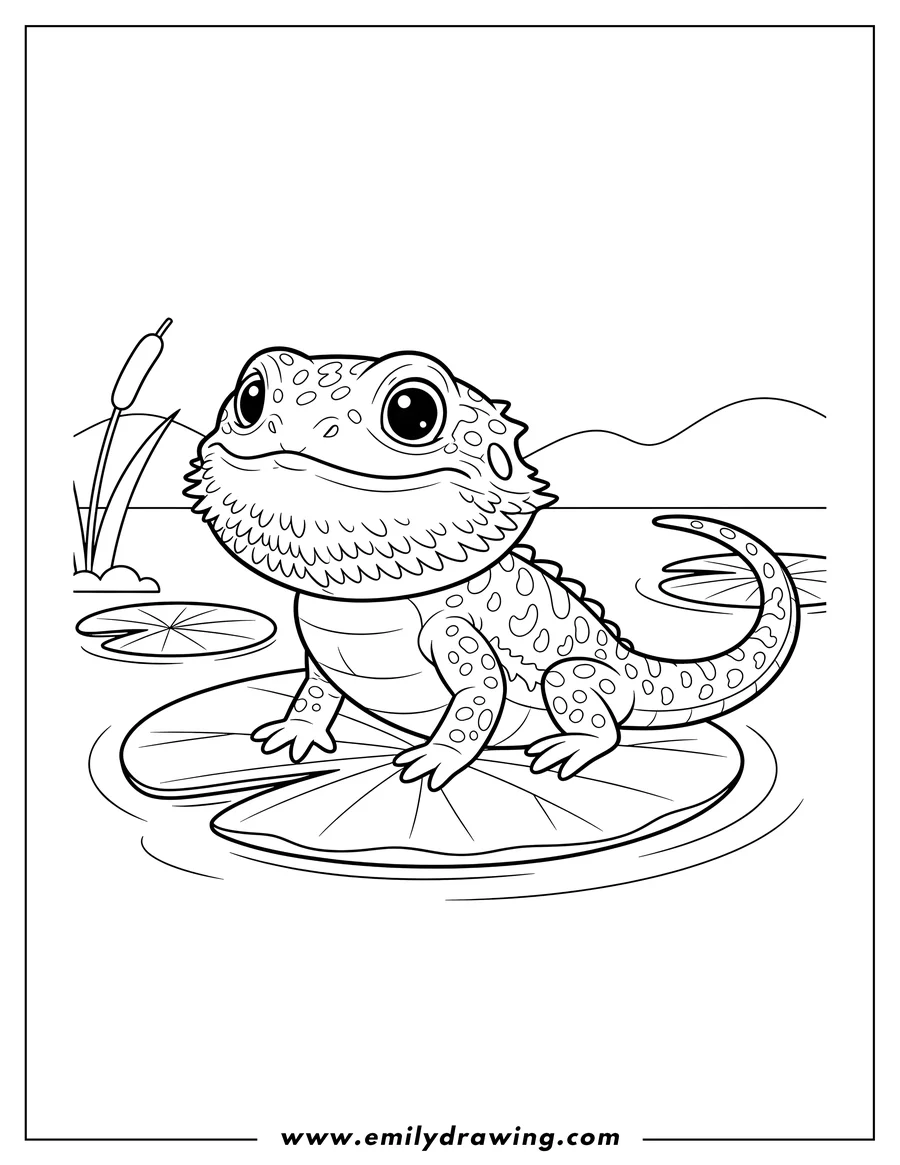 PDF style coloring page: easy, cartoon bearded dragon with a curved tail on a lily pad