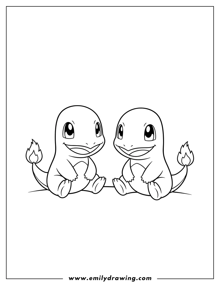 Printable line art of easy Charmander Preschoolers, sitting and smiling