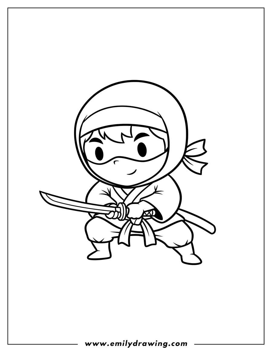 Coloring page for kids: easy Chibi Ninja in a crouching ready pose, holding a katana, for preschoolers