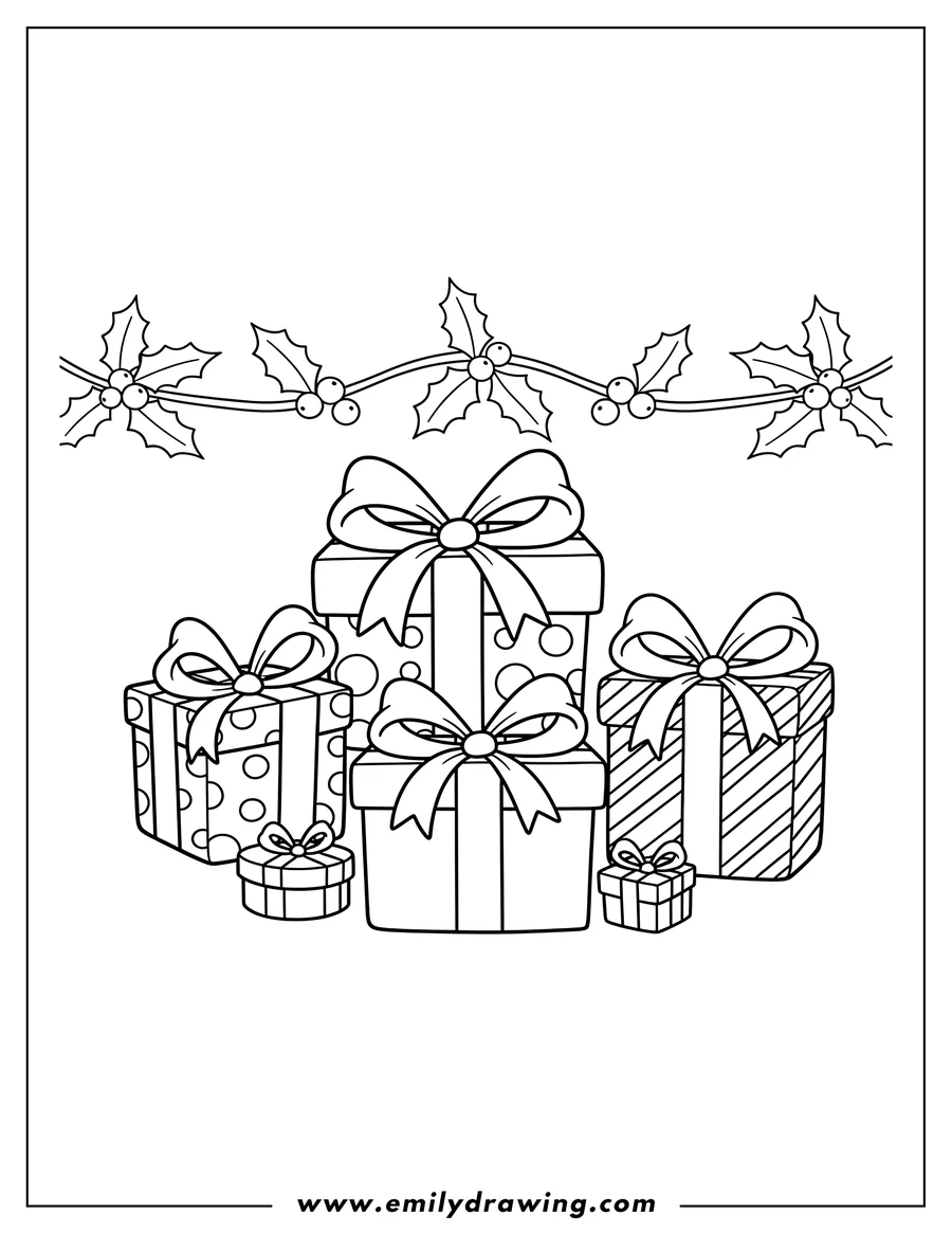 Clean line drawing: easy Christmas Presents Preschoolers Scaled, with bows and a holly garland