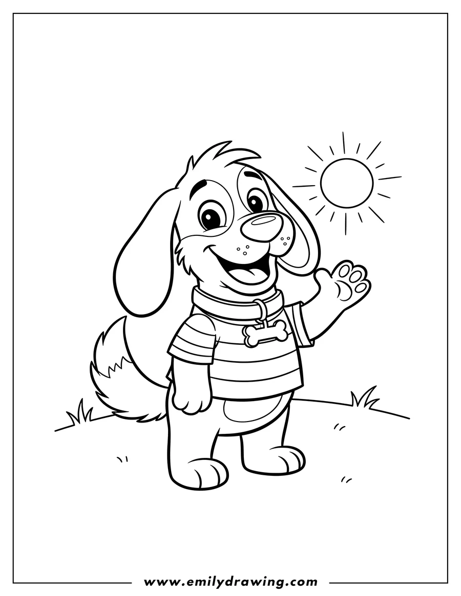 Linear illustration of easy Copper, a smiling cartoon dog