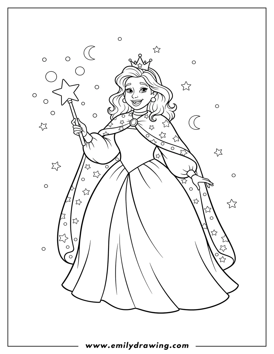 Simple sketch of easy Fairy Godmother smiling and holding a magic wand to color