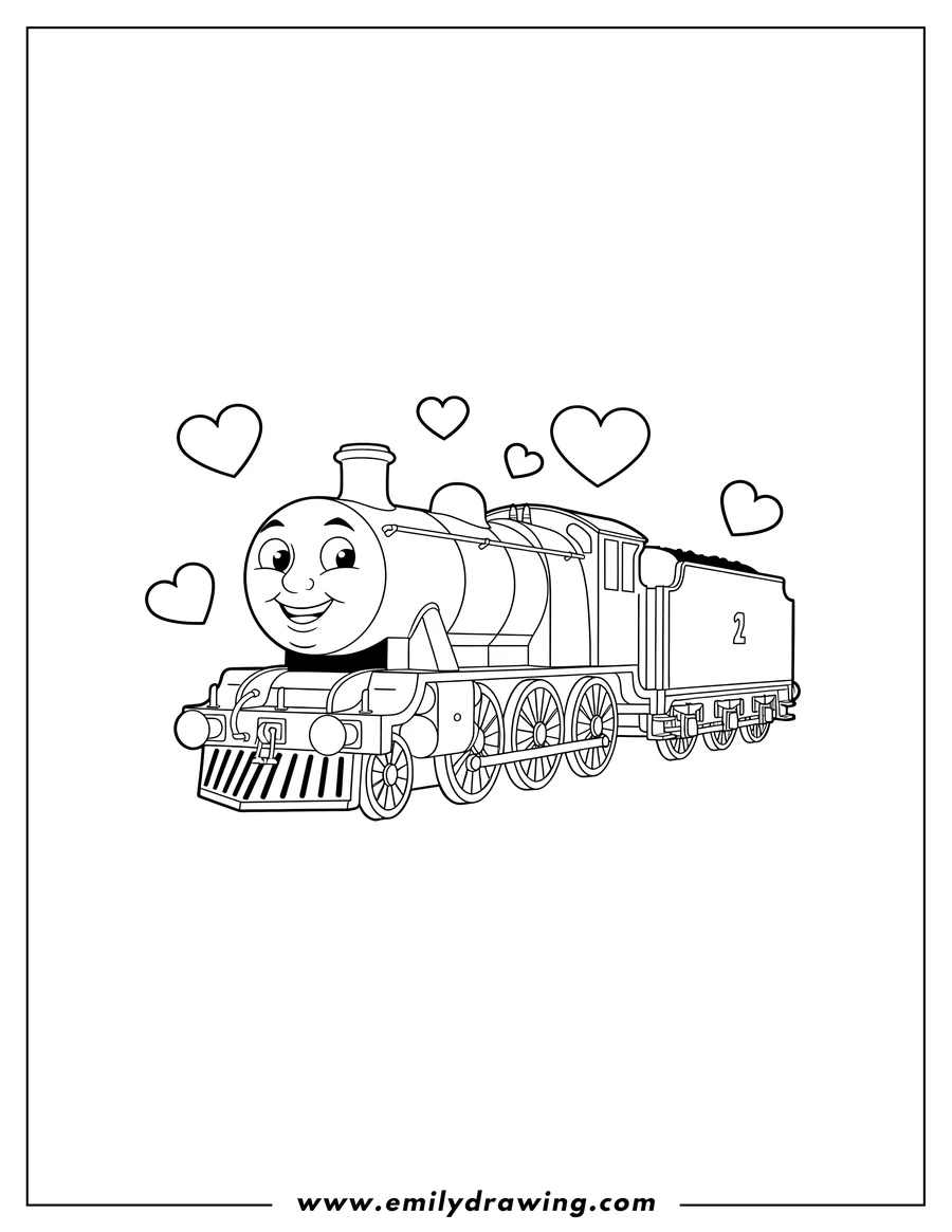 Printable coloring page of easy Gordon train smiling with a tender car and floating hearts