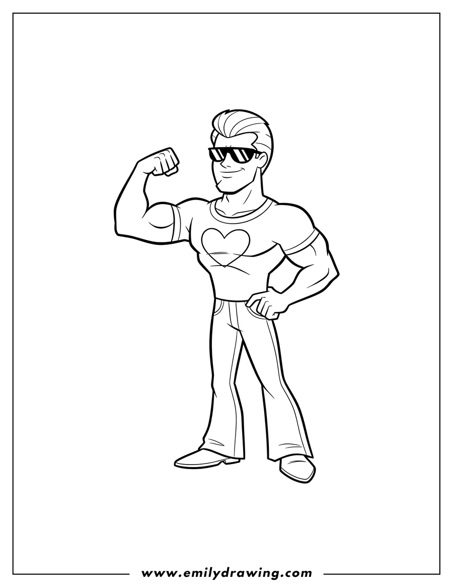 Clean line drawing: easy Johnny Bravo Cartoon flexing his bicep with hand on hip