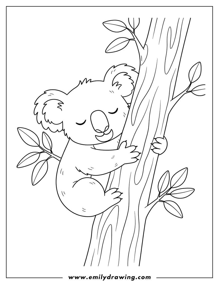 Printable line art of easy Koala hugging a tree trunk, eyes closed