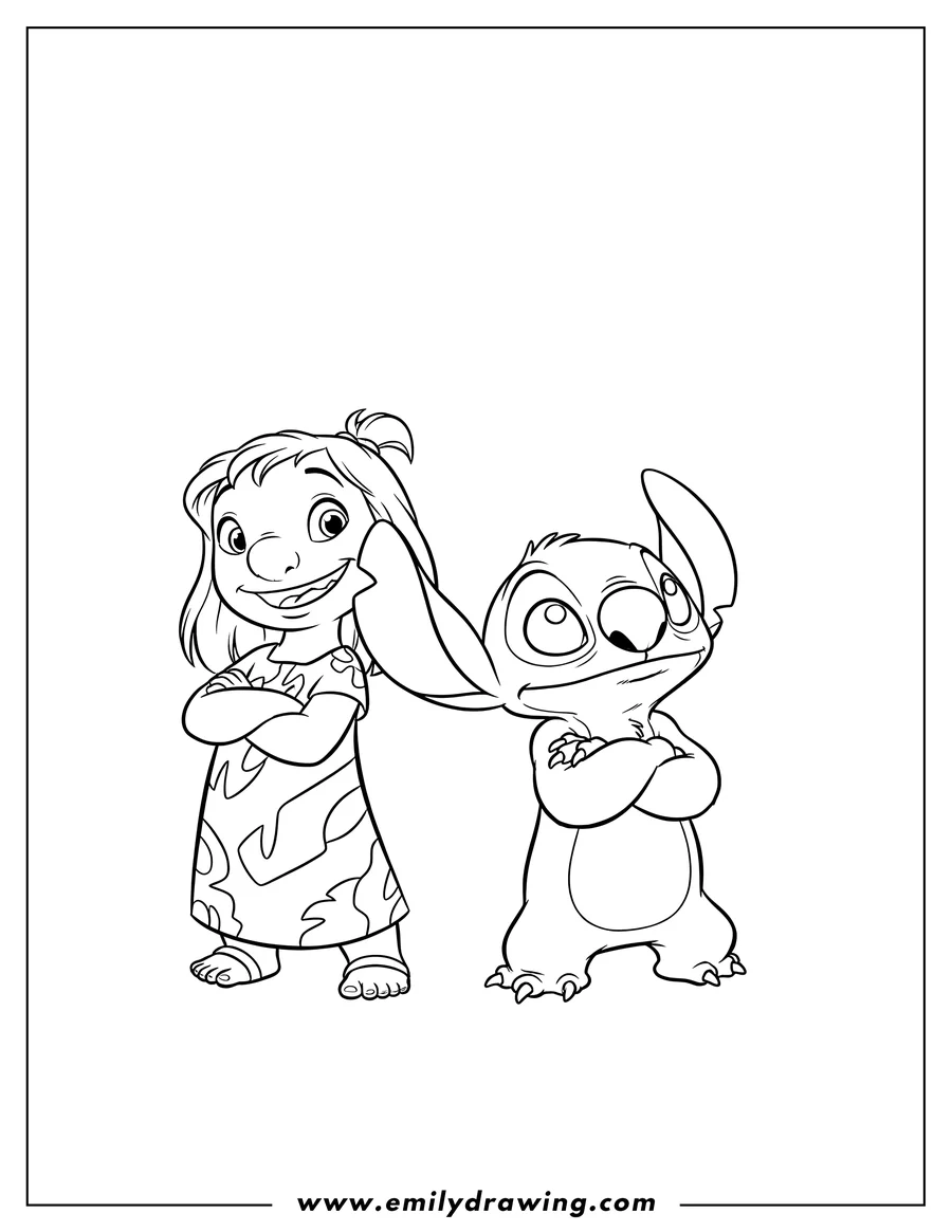 Simple sketch of easy Lilo And Stitch Scaled, Lilo smiling, Stitch looking up, both with crossed arms to color