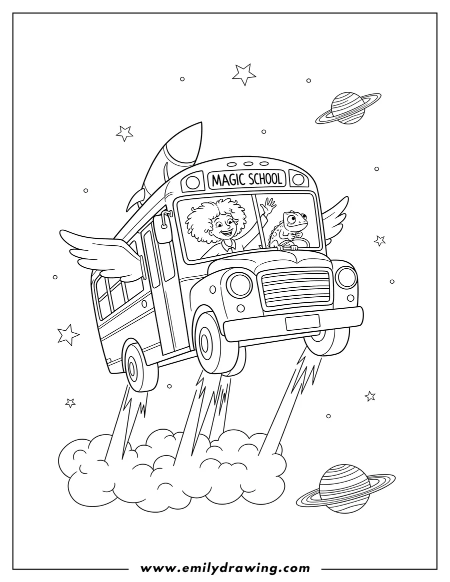 Clean line drawing: easy Magic School Bus Outline, with Ms. Frizzle and Liz blasting off