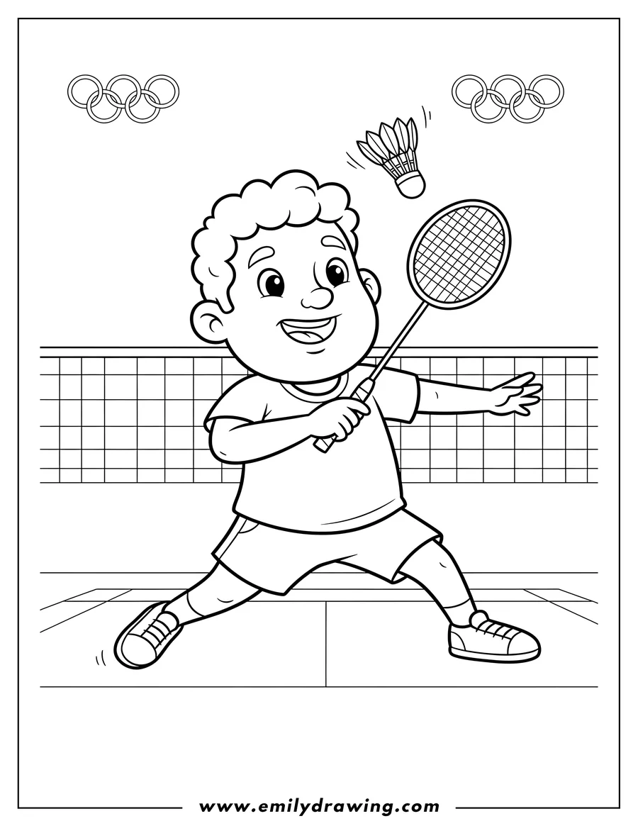 Black and white line art of easy Man Playing Badminton Olympics, lunging with a racket and shuttlecock in the air