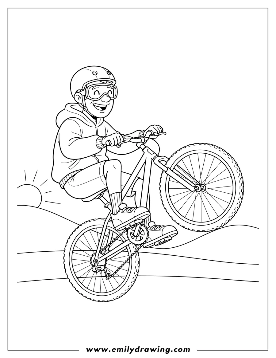 PDF style coloring page: easy Man Riding Mountain Bicycle, wearing helmet and goggles, doing a wheelie