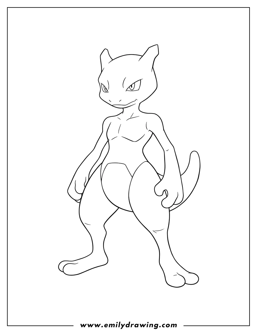 Downloadable coloring page of easy Mewtwo Outline, standing with narrowed eyes