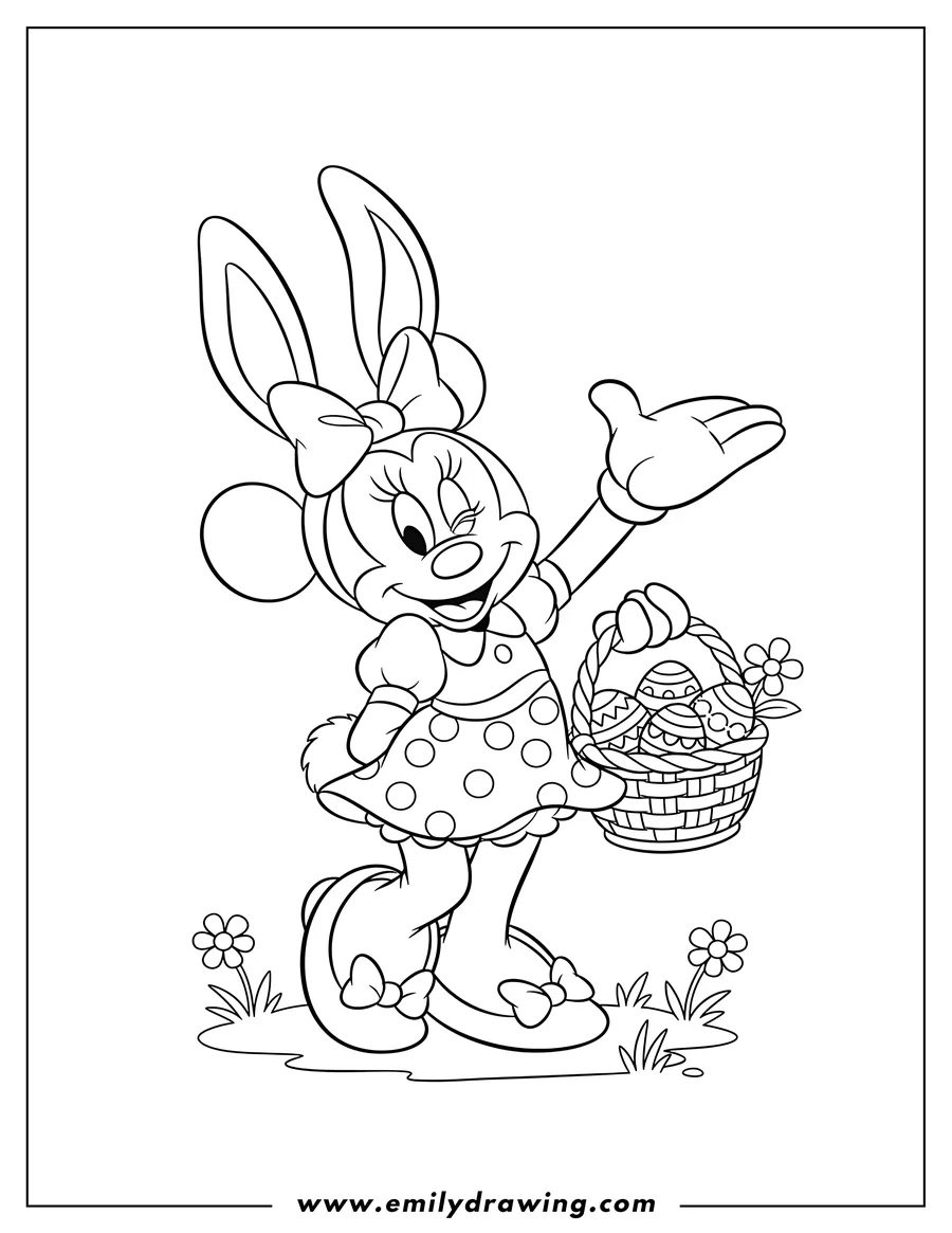 Black and white line art of easy Minnie Mouse Bunny Costume winking and waving, carrying an Easter egg basket