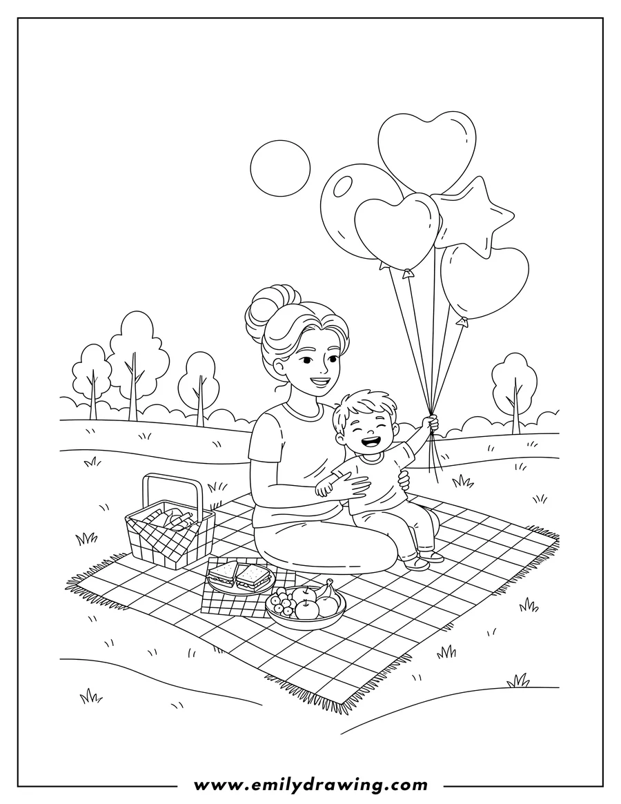 Linear illustration of easy Mother's Day Picnic with a mother and child on a blanket, with balloons and smiles